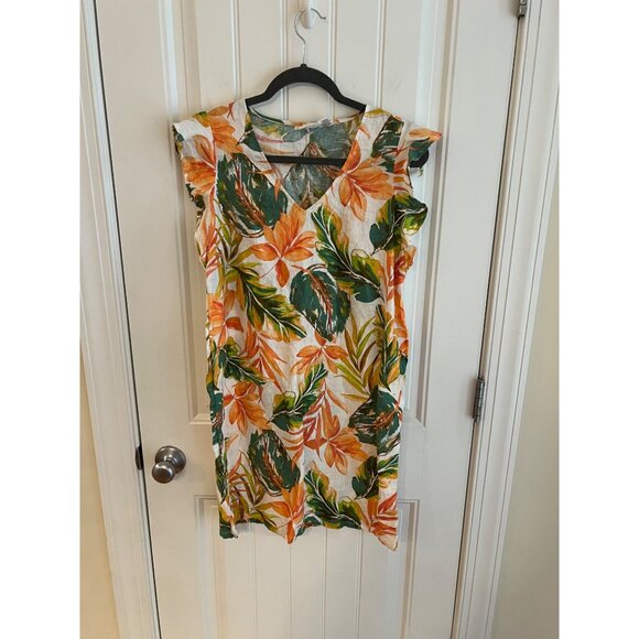 Nicole Miller Linen V Neck Floral Tropical‎ Shift Dress Sz Small - Picture 1 of 4